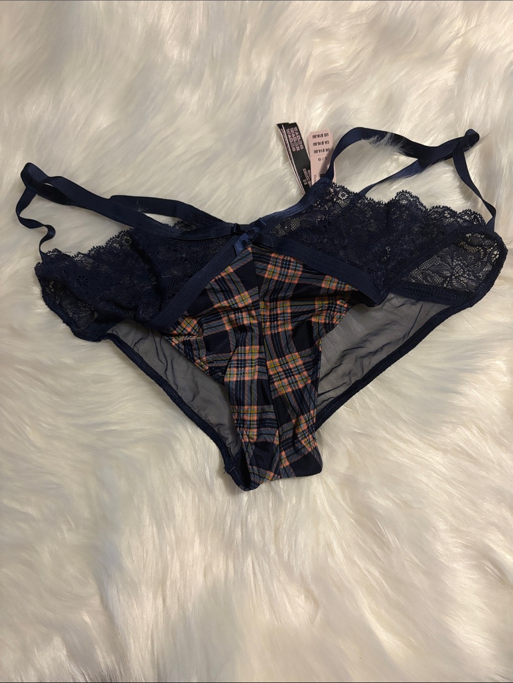 NWT Victoria’s Secret Navy Lace & Plaid strappy Panty L